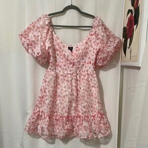 Lulu’s Pink Floral Puff Short Sleeve Dress a229